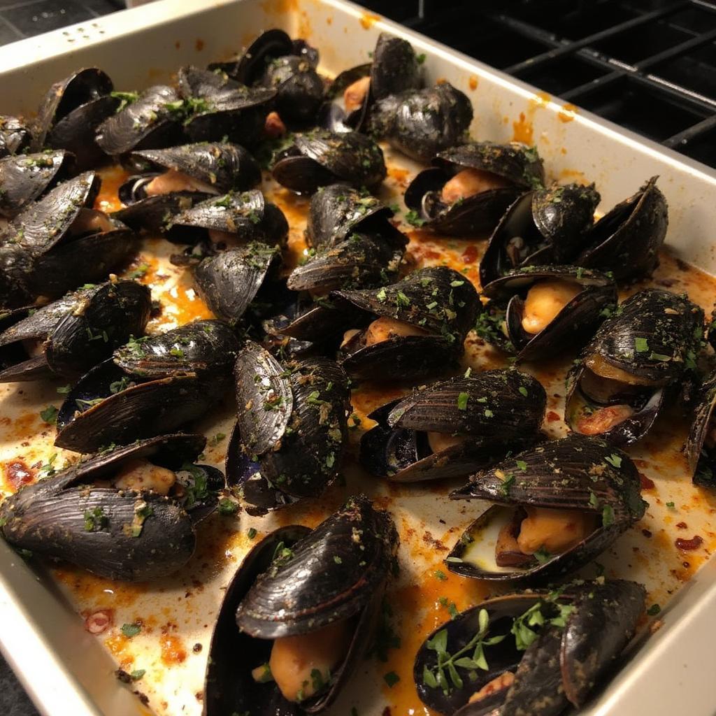 Baked mussels with herbs and spices