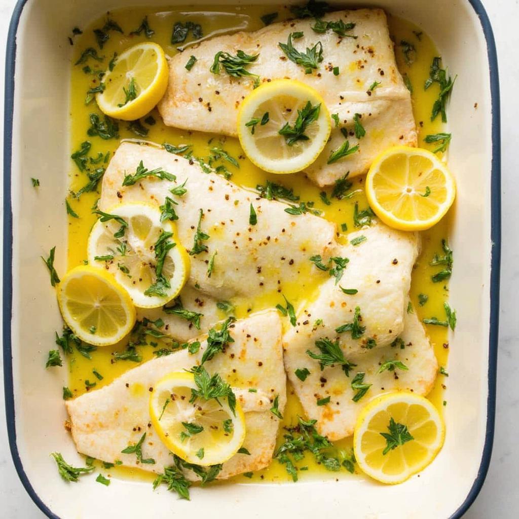 Baked yellow tail with herbs and lemon in a baking dish.