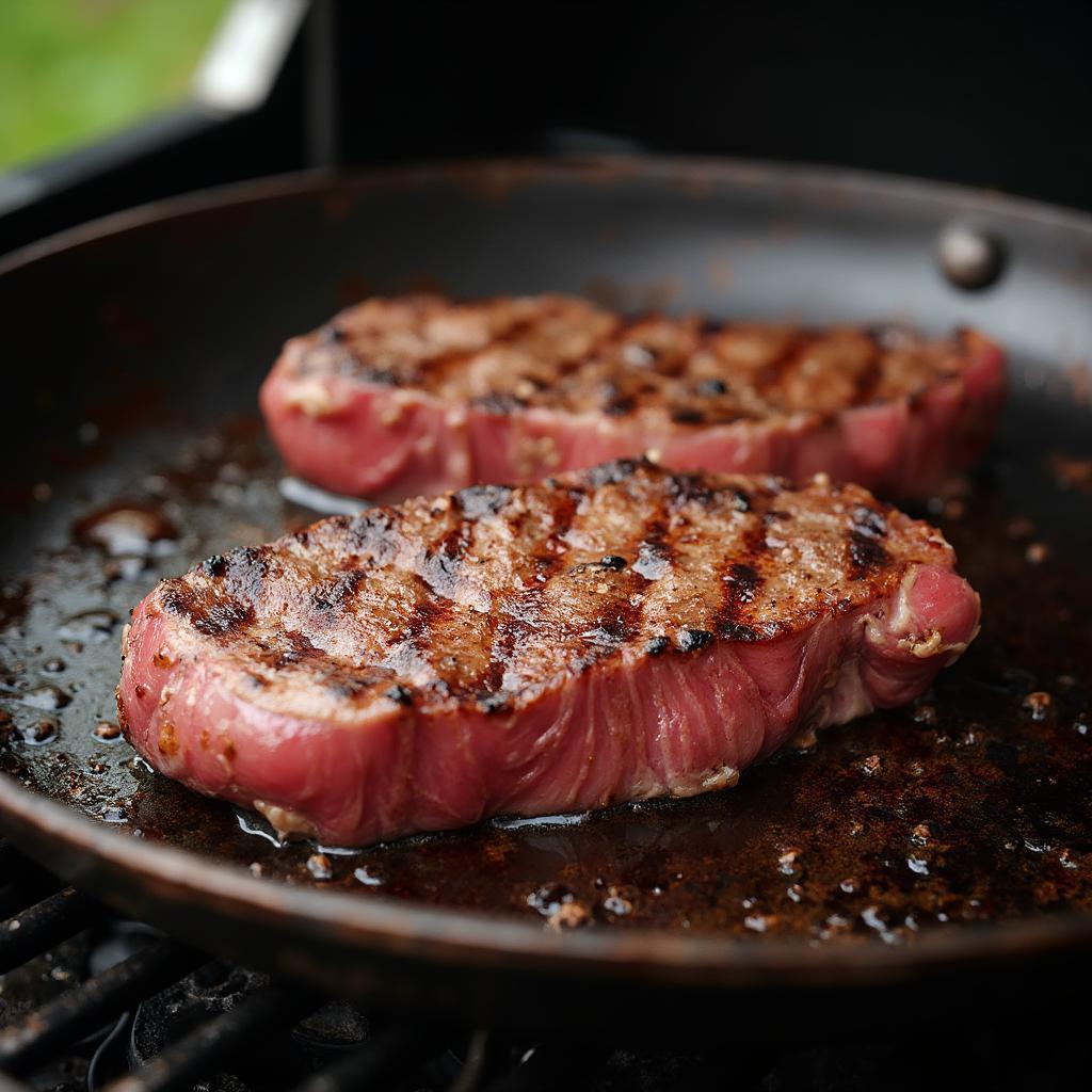 Sizzling bison steak cooked medium rare on a grilling pan, showing the perfect sear and reddish-pink center.