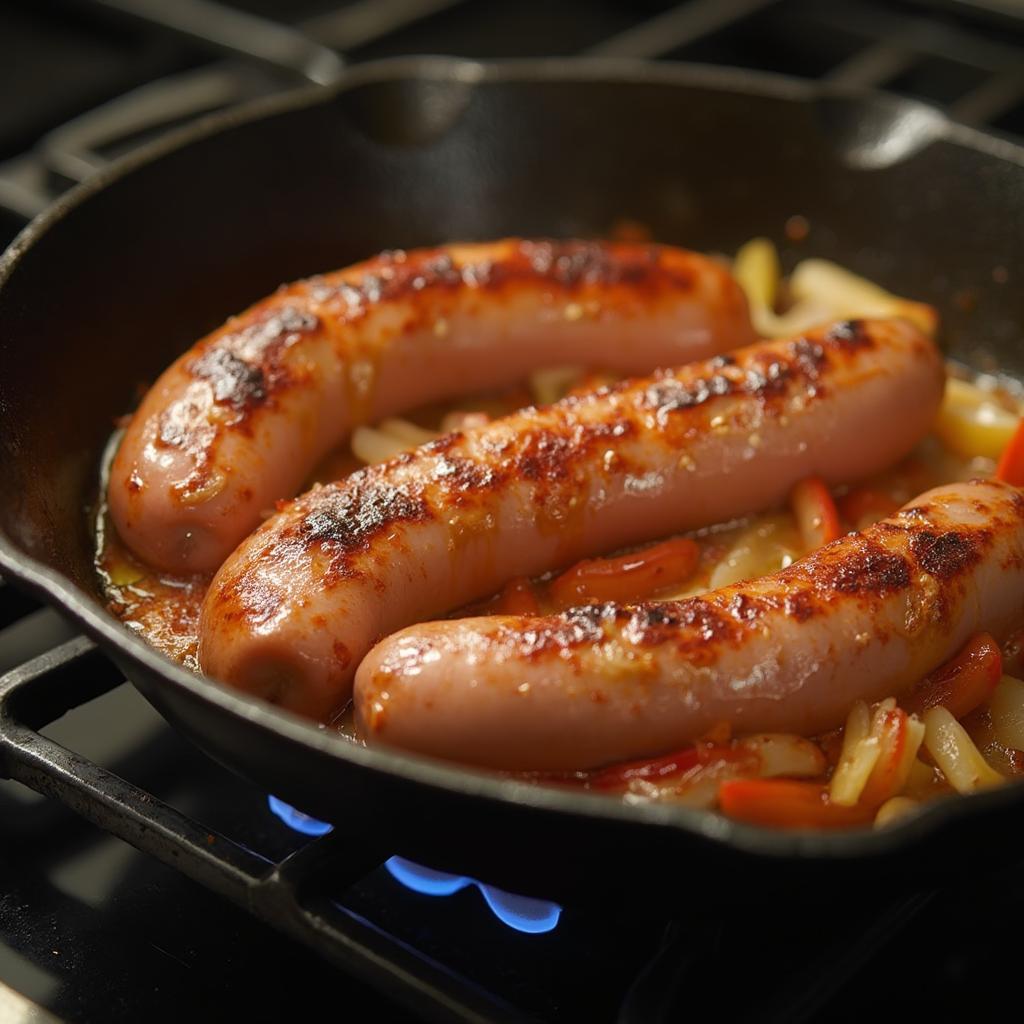 Cast Iron Skillet Searing Brats on Stovetop