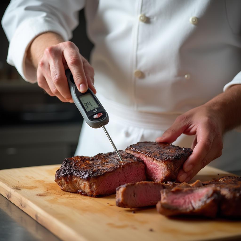 Chef checking the internal temperature of a bison steak with a meat thermometer to ensure it's cooked to a perfect medium rare.