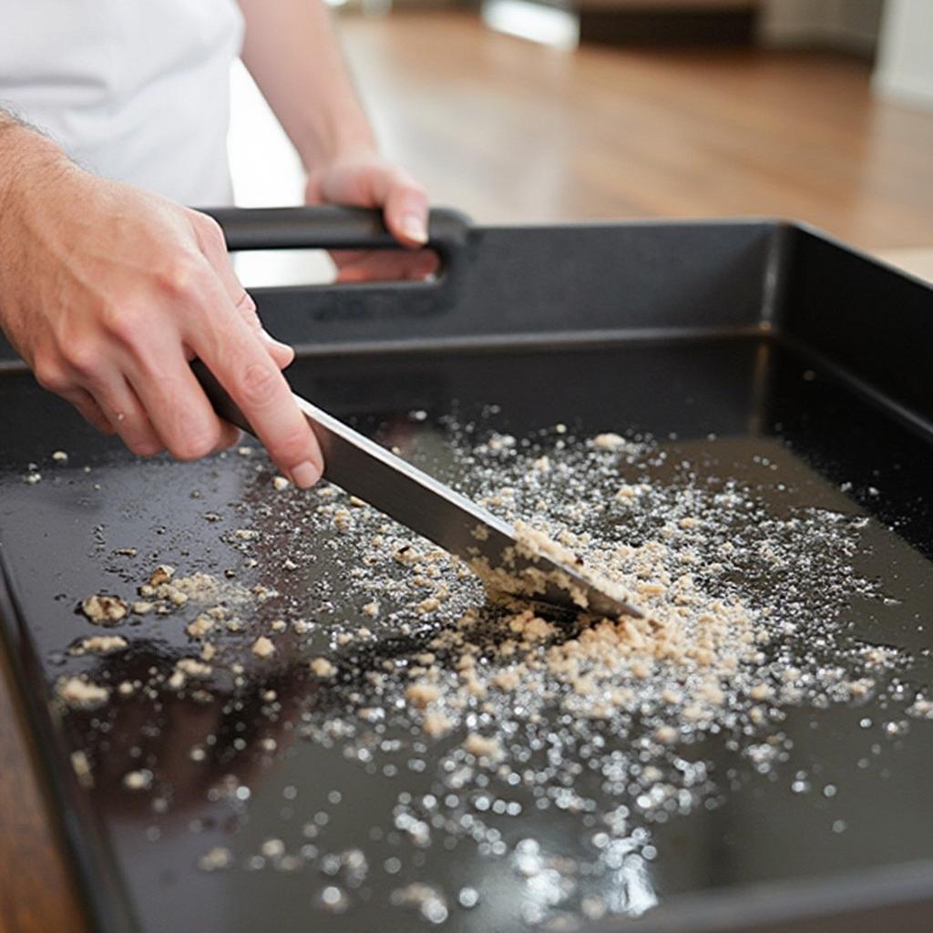 Cleaning Blackstone Griddle with Scraper