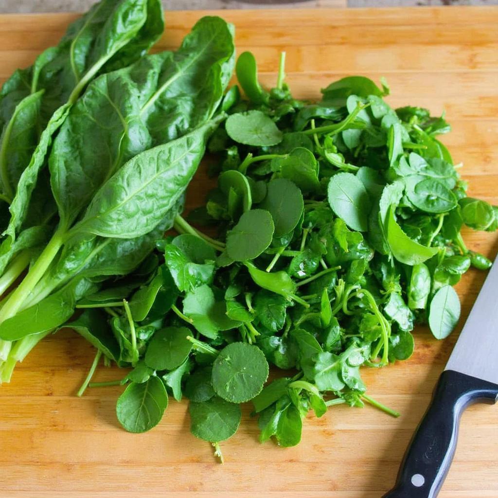 Fresh Collard Greens and Spinach on a Cutting Board