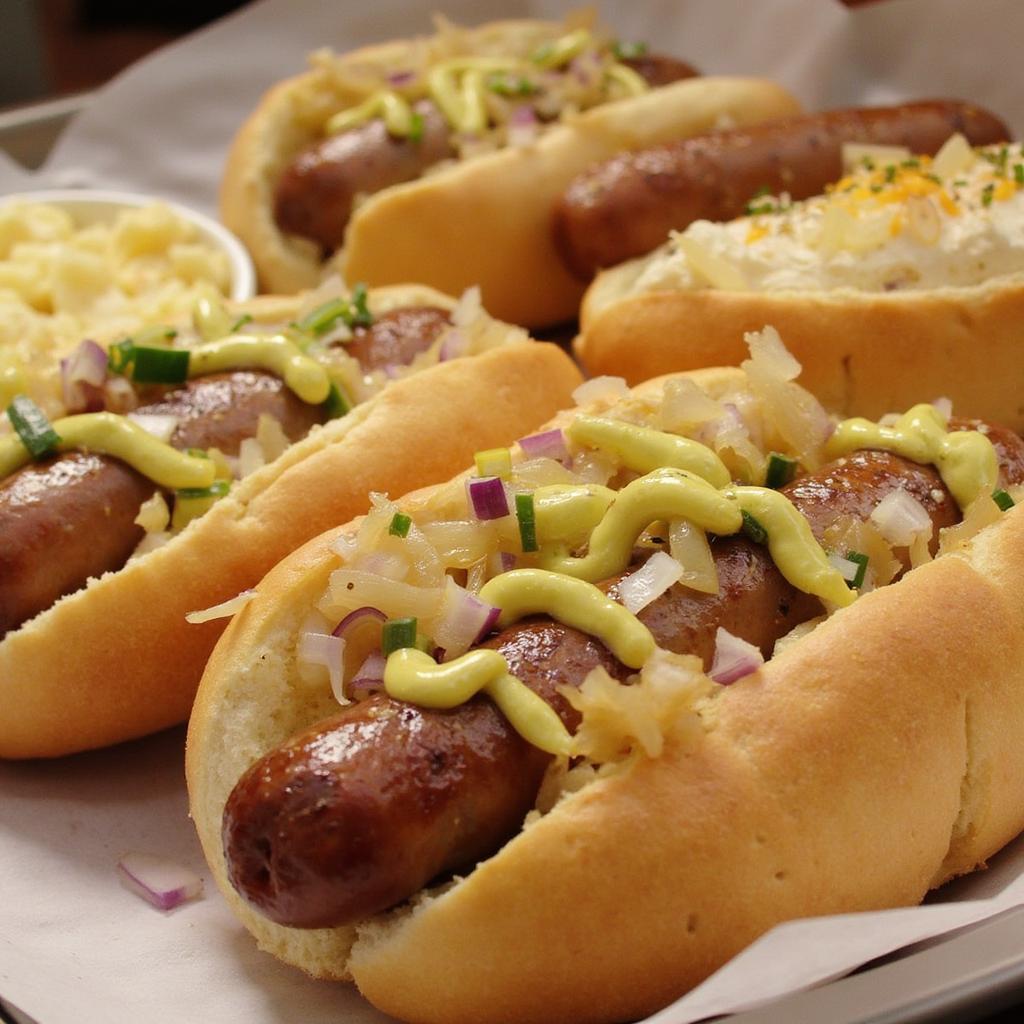 Cooked Brats Served on Buns with Toppings