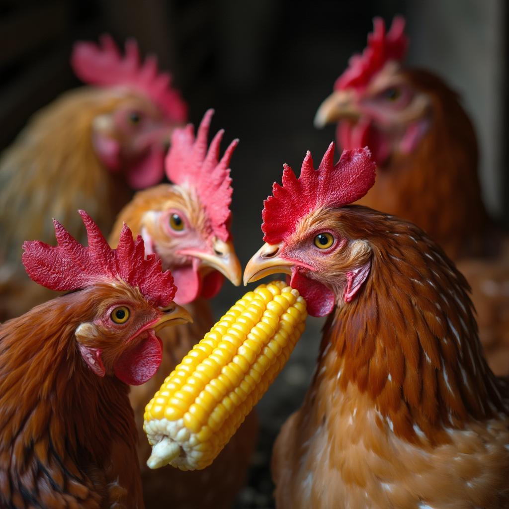 Chickens Enjoying Cooked Corn on the Cob