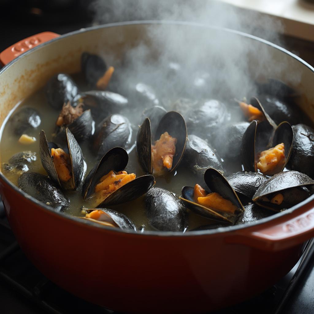 Cooking frozen mussels in a pot on the stovetop