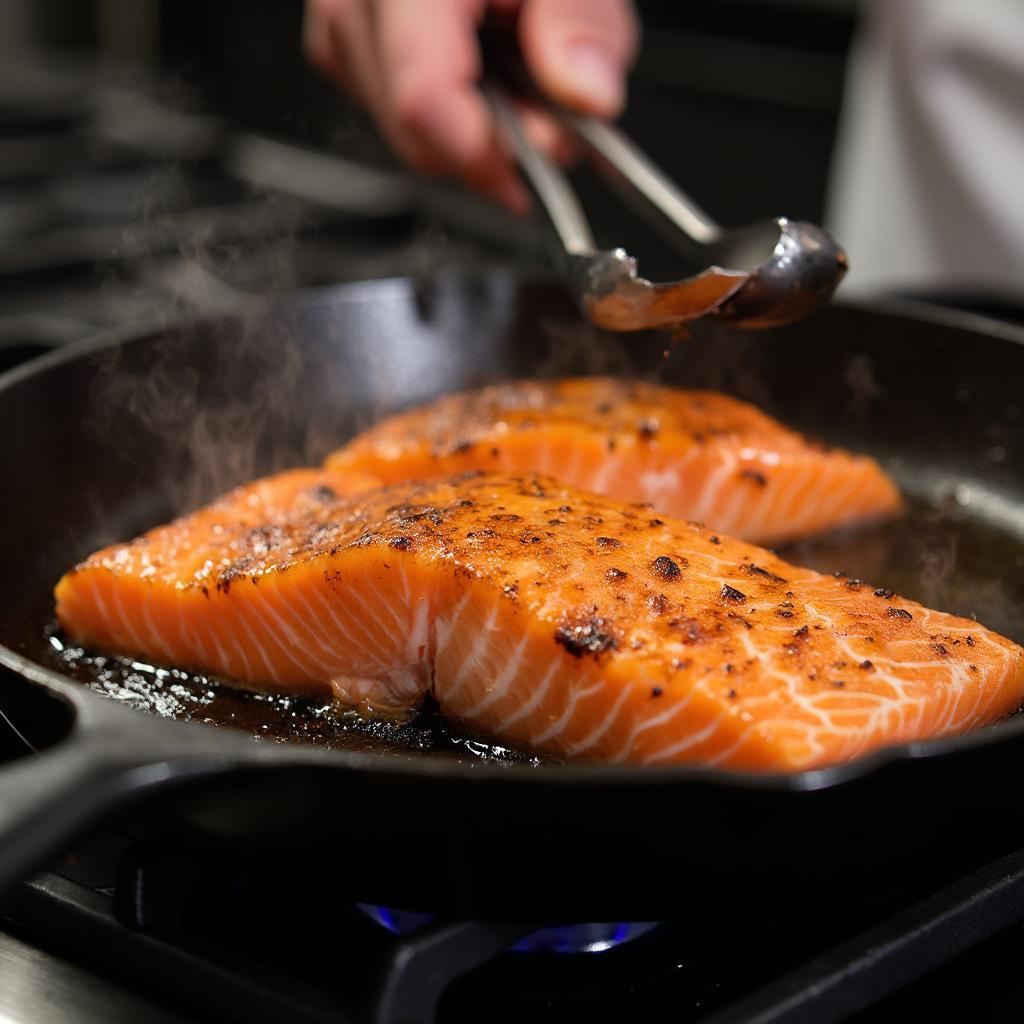 Searing King Salmon Fillet on Stovetop