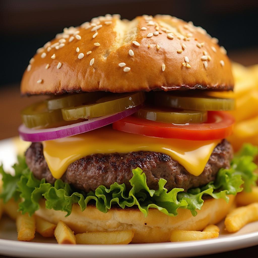 A delicious burger on a bun with various toppings.