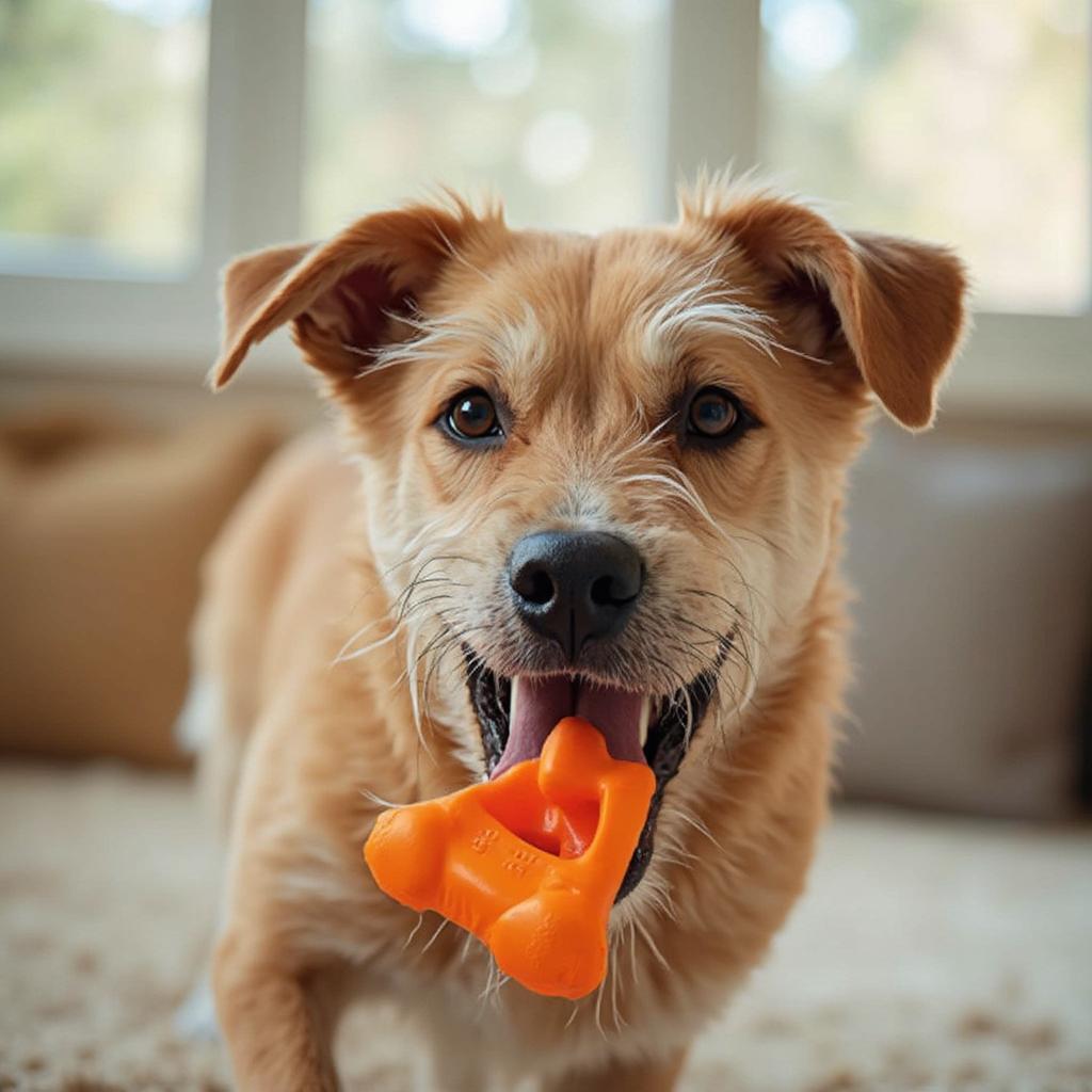 Dog chewing a safe toy