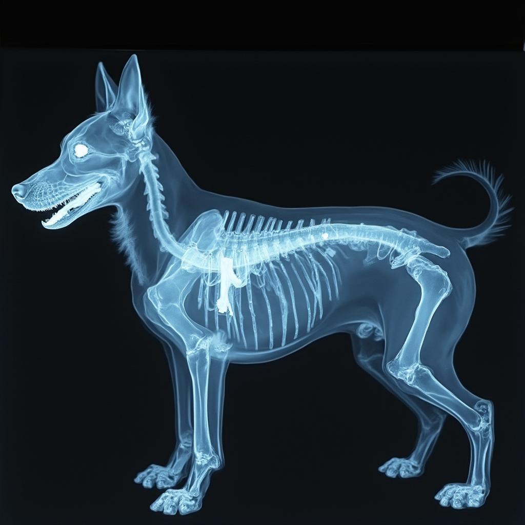 X-ray image of a dog with a bone obstruction.