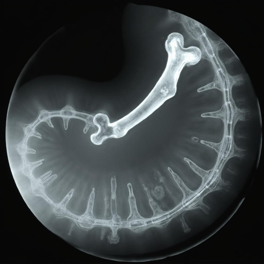 X-ray image illustrating a bone obstruction in a dog's digestive tract.