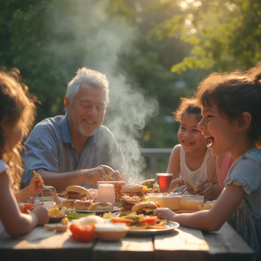 Family enjoying grilled frozen burgers at a backyard barbecue