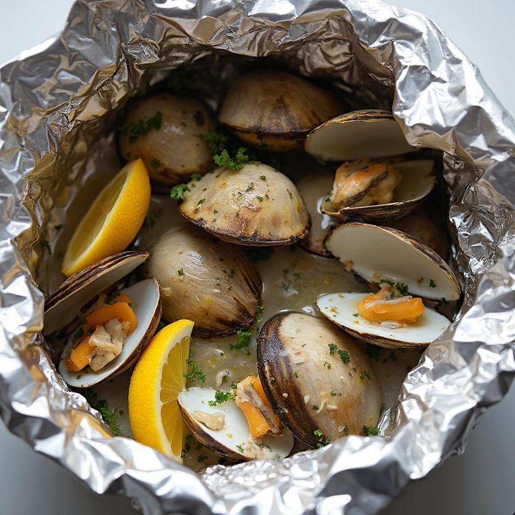 Delicious steamed clams cooked in a foil packet on the grill