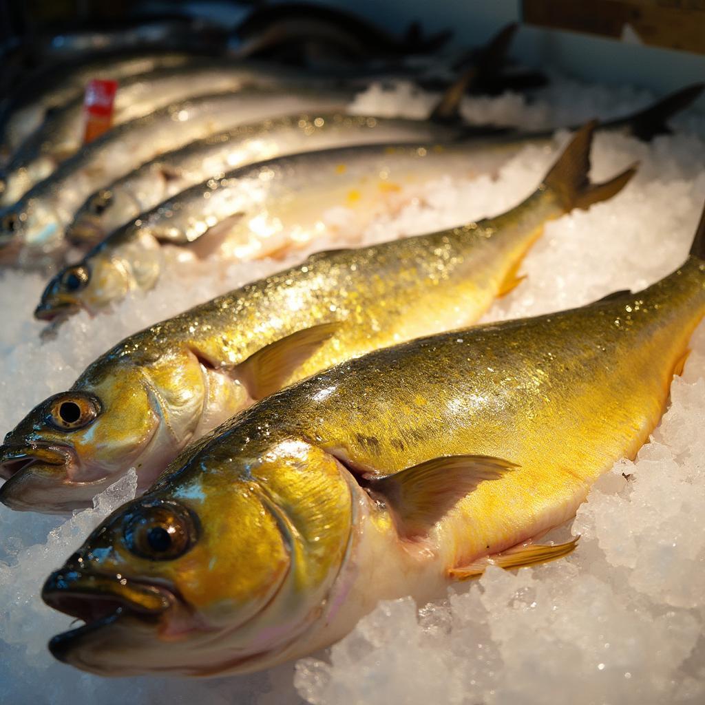 Fresh yellow tail displayed on ice at a fish market.