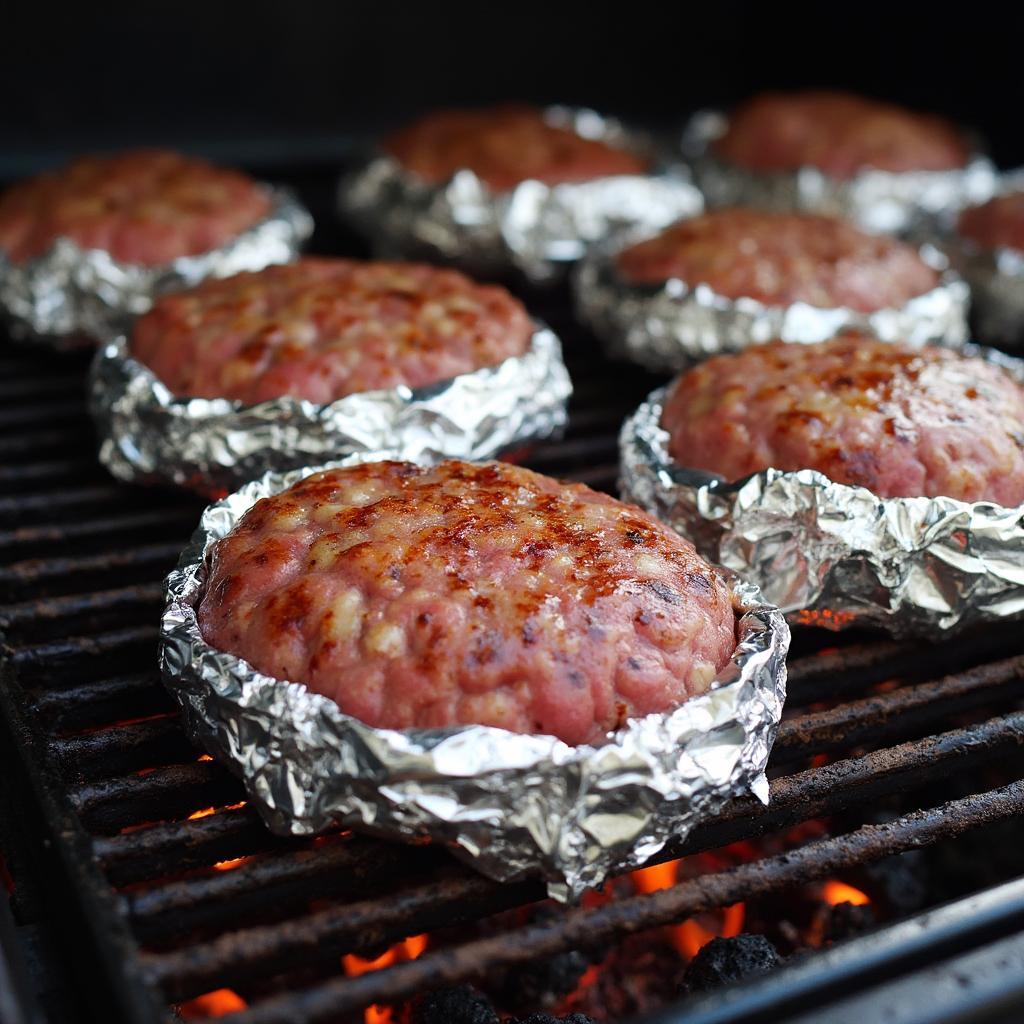 Frozen hamburger patties wrapped in foil being grilled