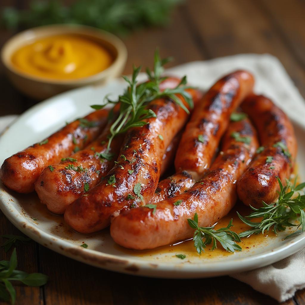 Grilled Smoked Sausages on a Plate with Garnish