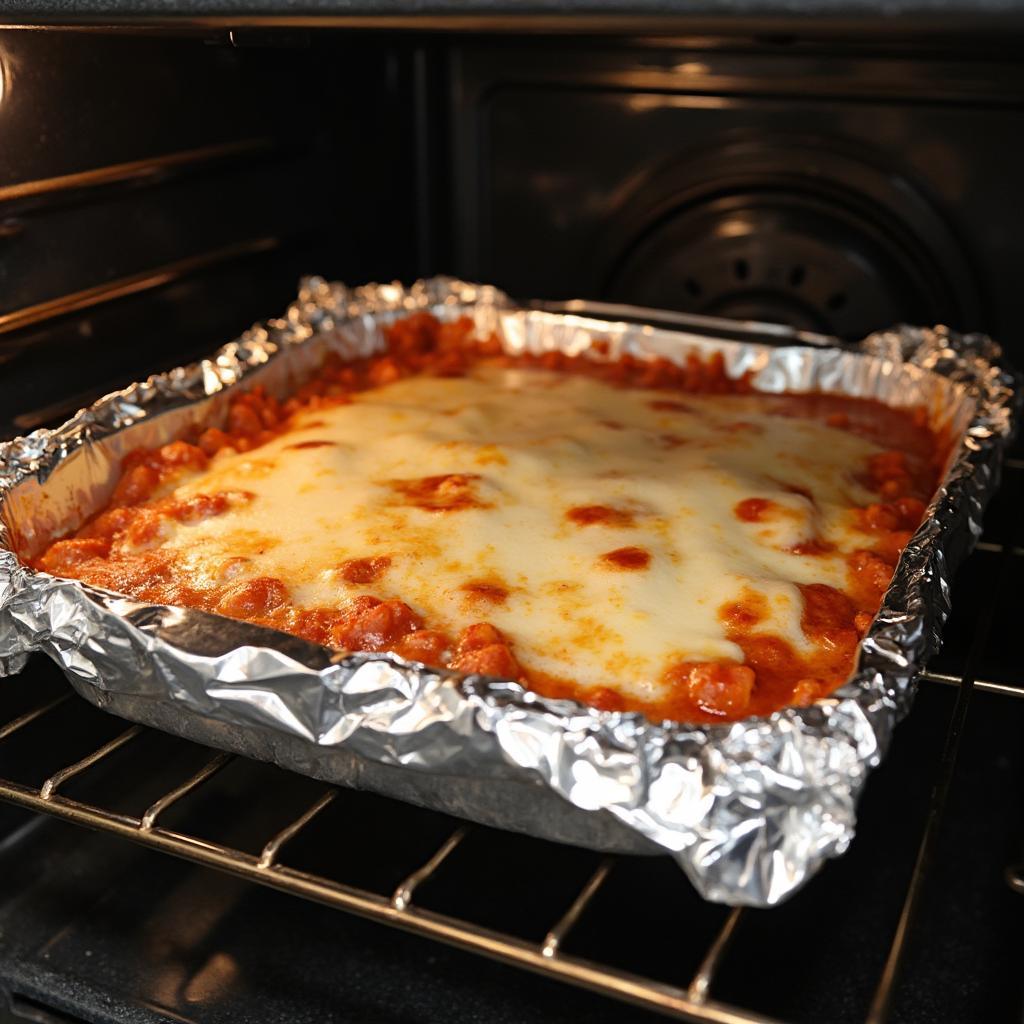 Lasagna Covered with Foil in Oven