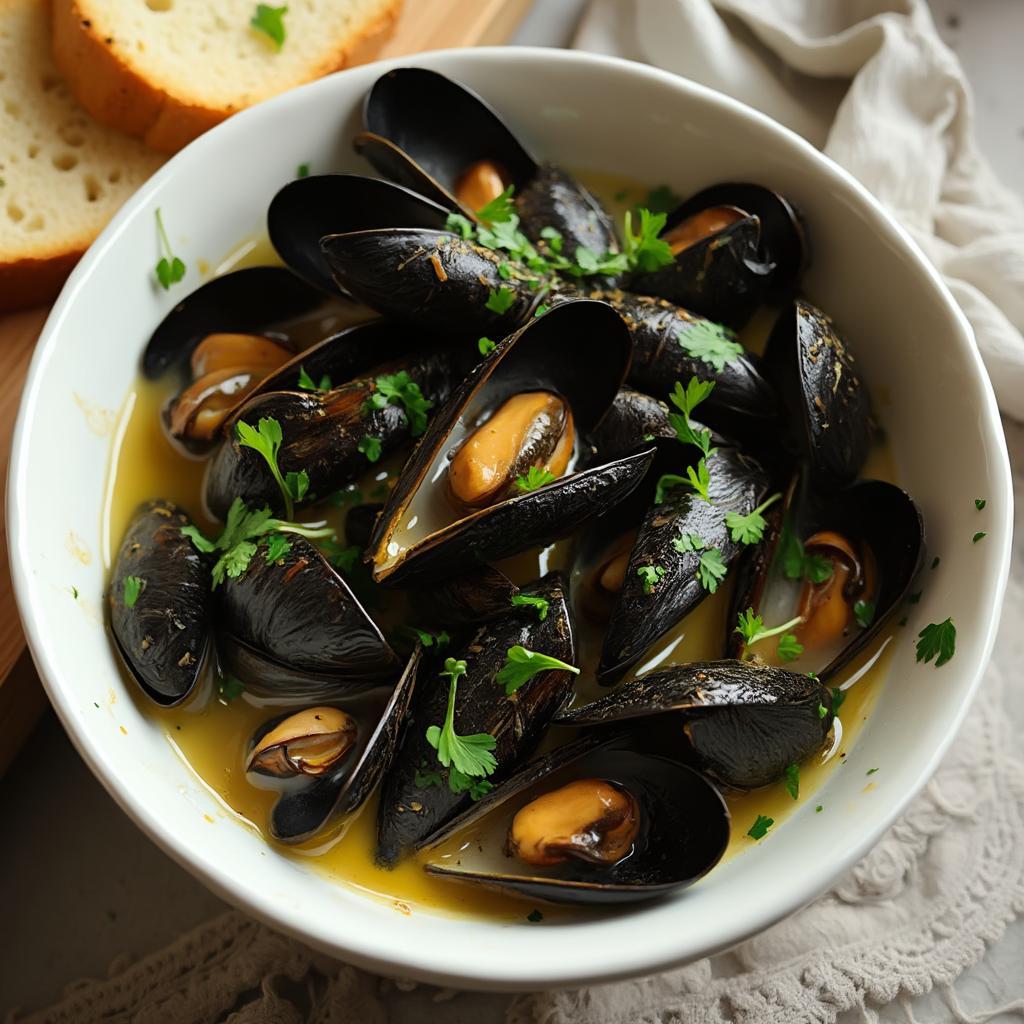 Plated mussels in butter and garlic sauce with bread