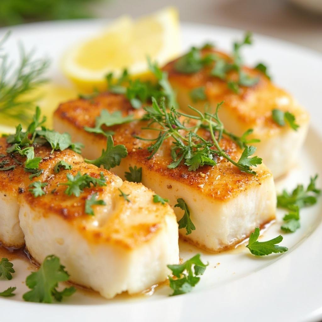 Seared yellow tail fillet seasoned with herbs and lemon, served on a white plate.