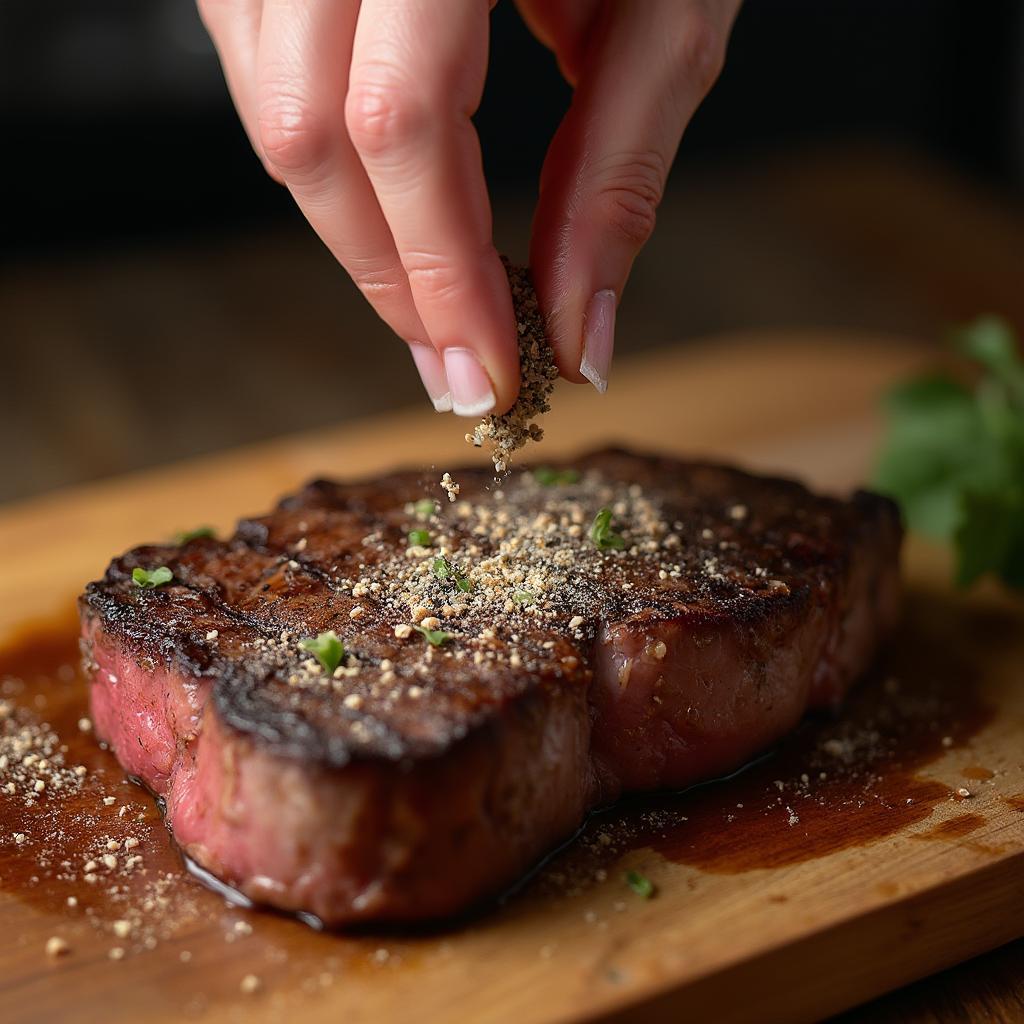 Seasoning Buffalo Steak with Salt and Pepper