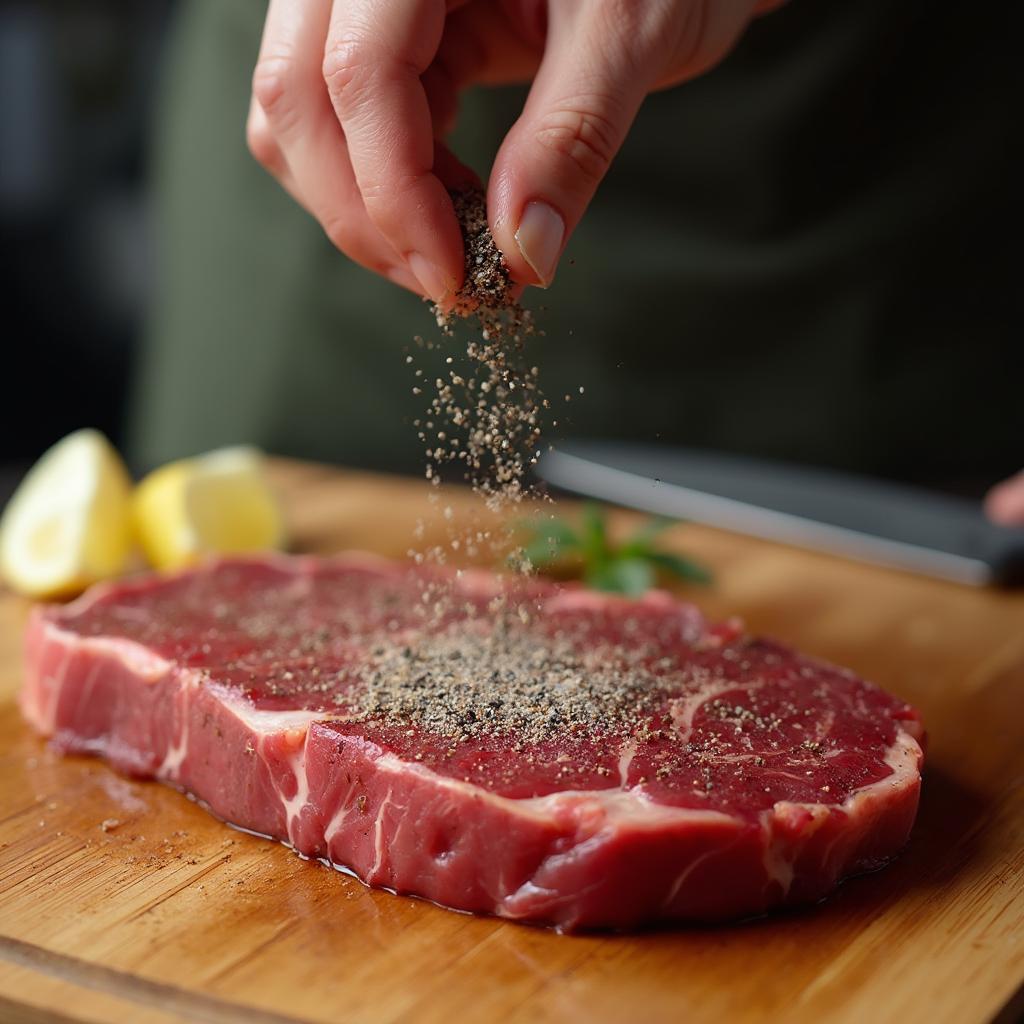 Seasoning a ribeye steak with salt and pepper before grilling.