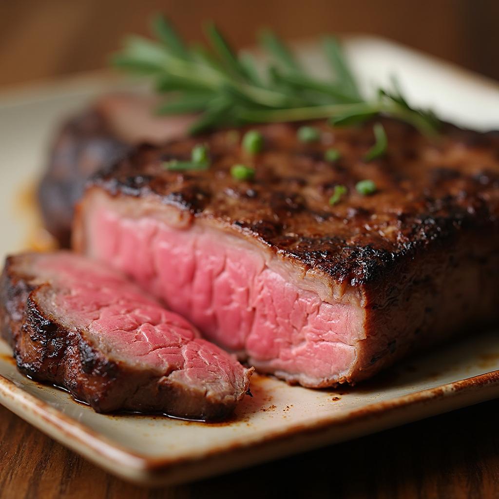 Sliced grilled ribeye steak ready to serve.