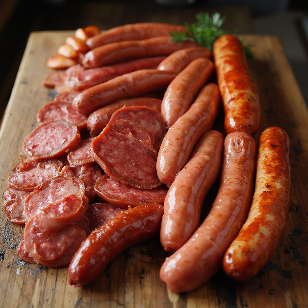 Variety of Smoked Sausages on a Butcher's Block