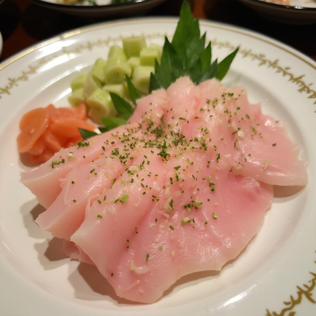 Yellow tail sashimi served with wasabi and pickled ginger.