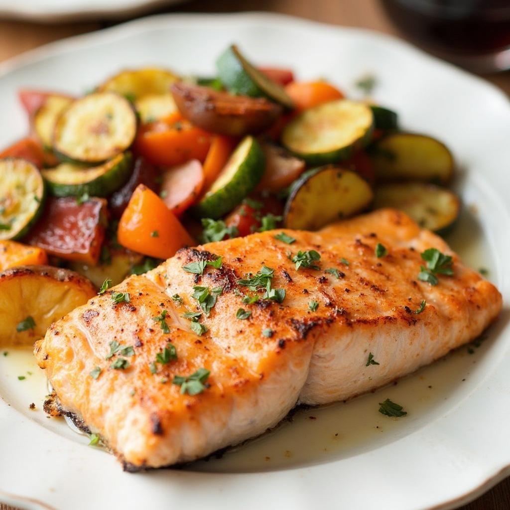 Air Fryer Frozen Salmon with Roasted Vegetables