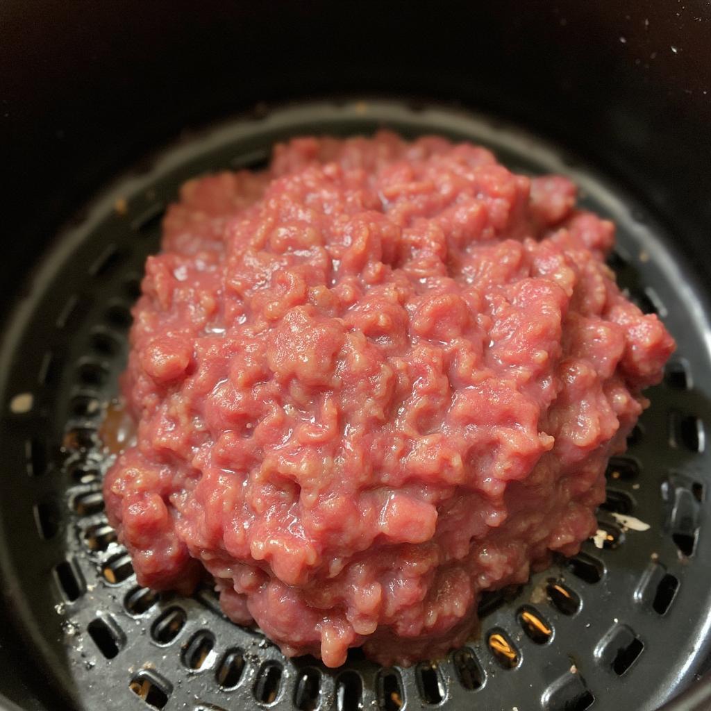 Ground beef cooking in an air fryer