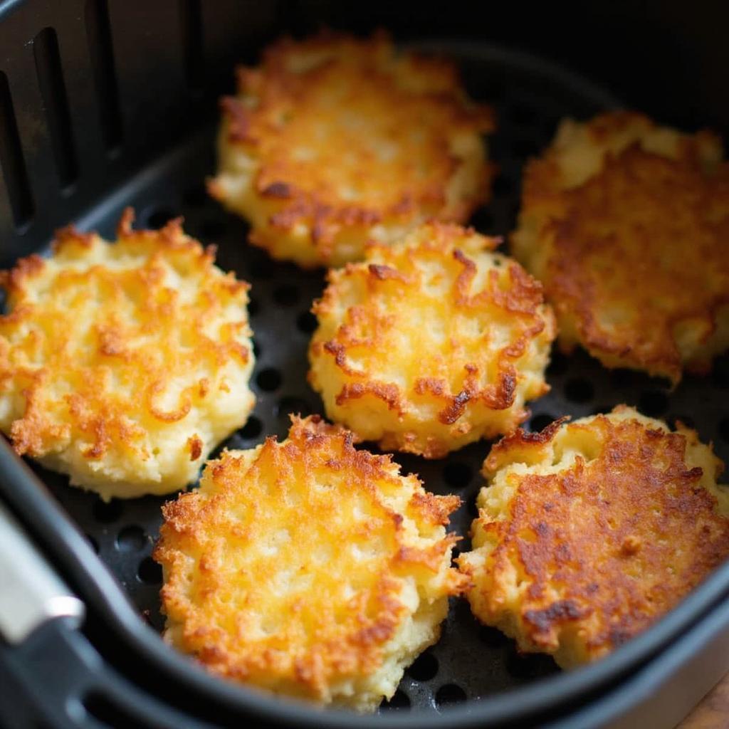 Crispy golden hash brown patties cooking in a black air fryer basket.