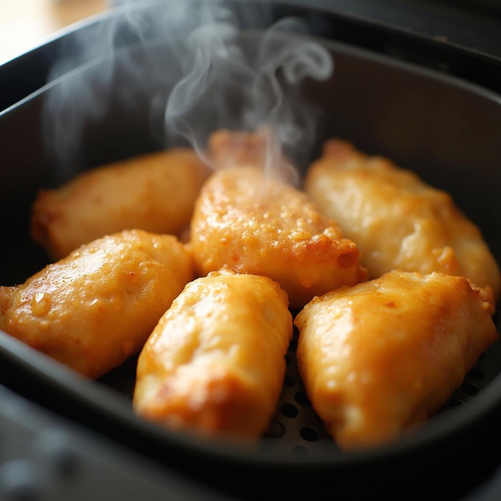 Golden brown lumpia cooked in an air fryer