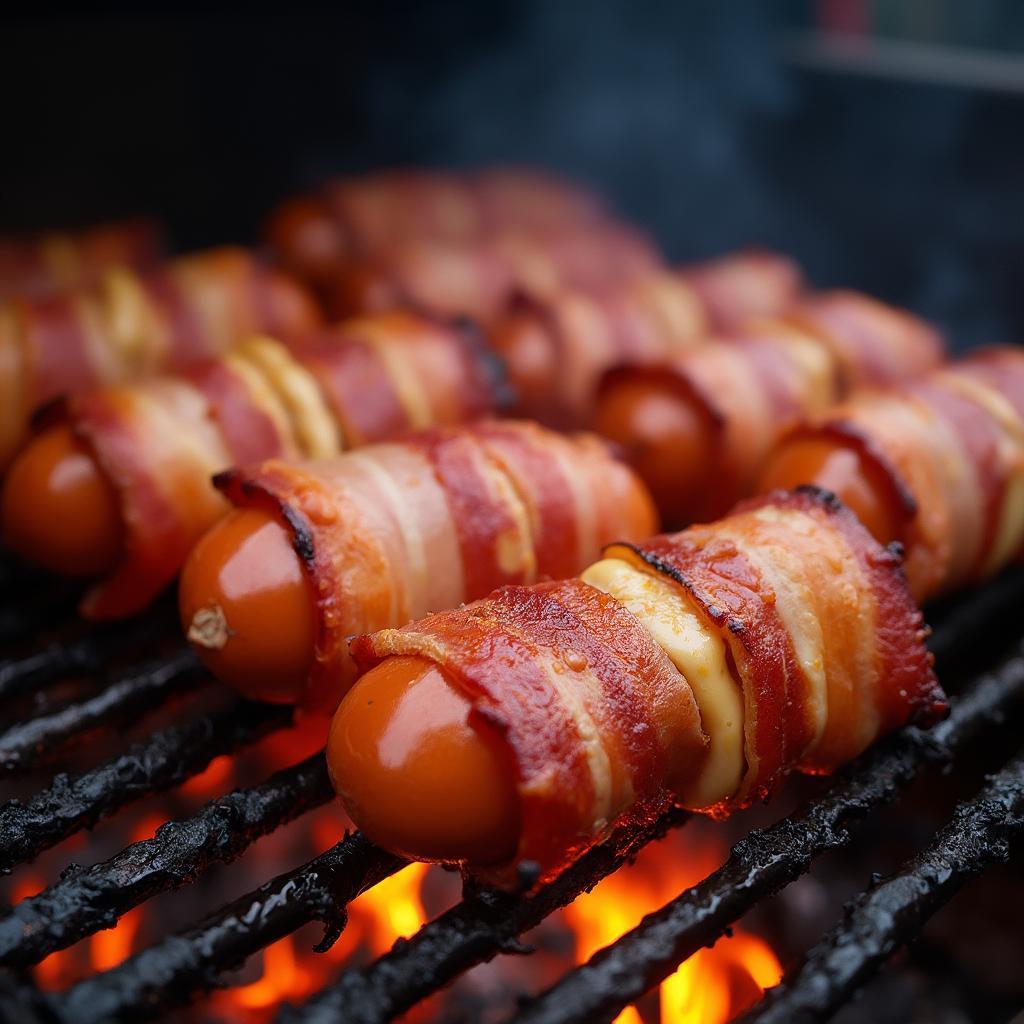 Grilling Bacon Wrapped Hot Dogs on BBQ