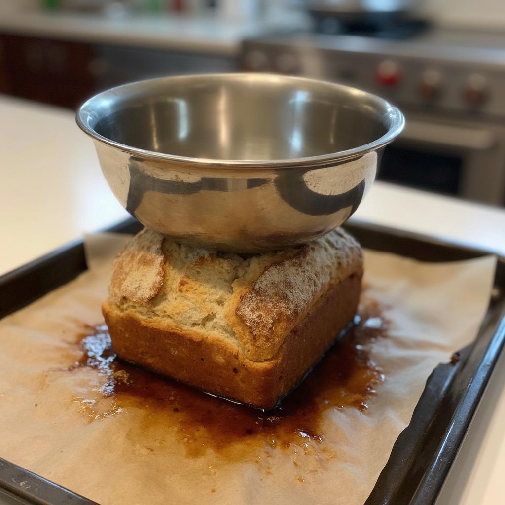 Stainless steel bowl covering sourdough during baking.