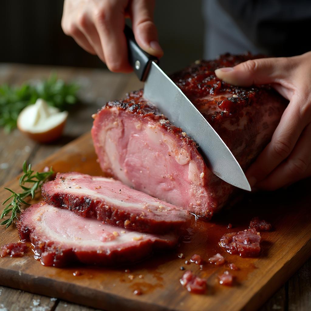 Trimming a 15-pound brisket to remove excess fat.