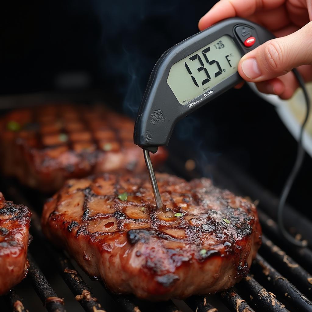 Checking the internal temperature of a ribeye steak with a meat thermometer