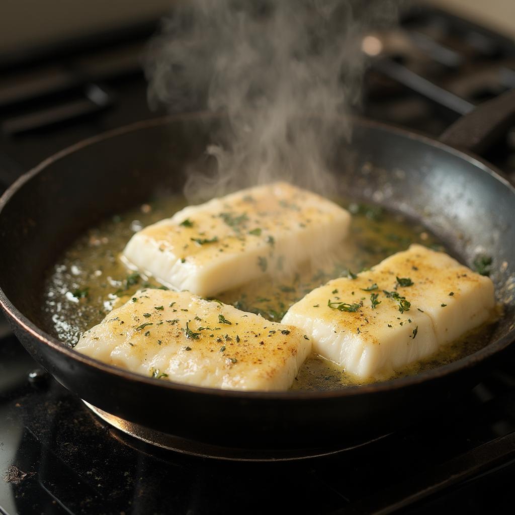 Cooking frozen cod in a pan on the stovetop