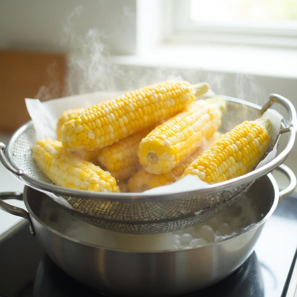 Steaming frozen corn on the cob in a steamer basket.