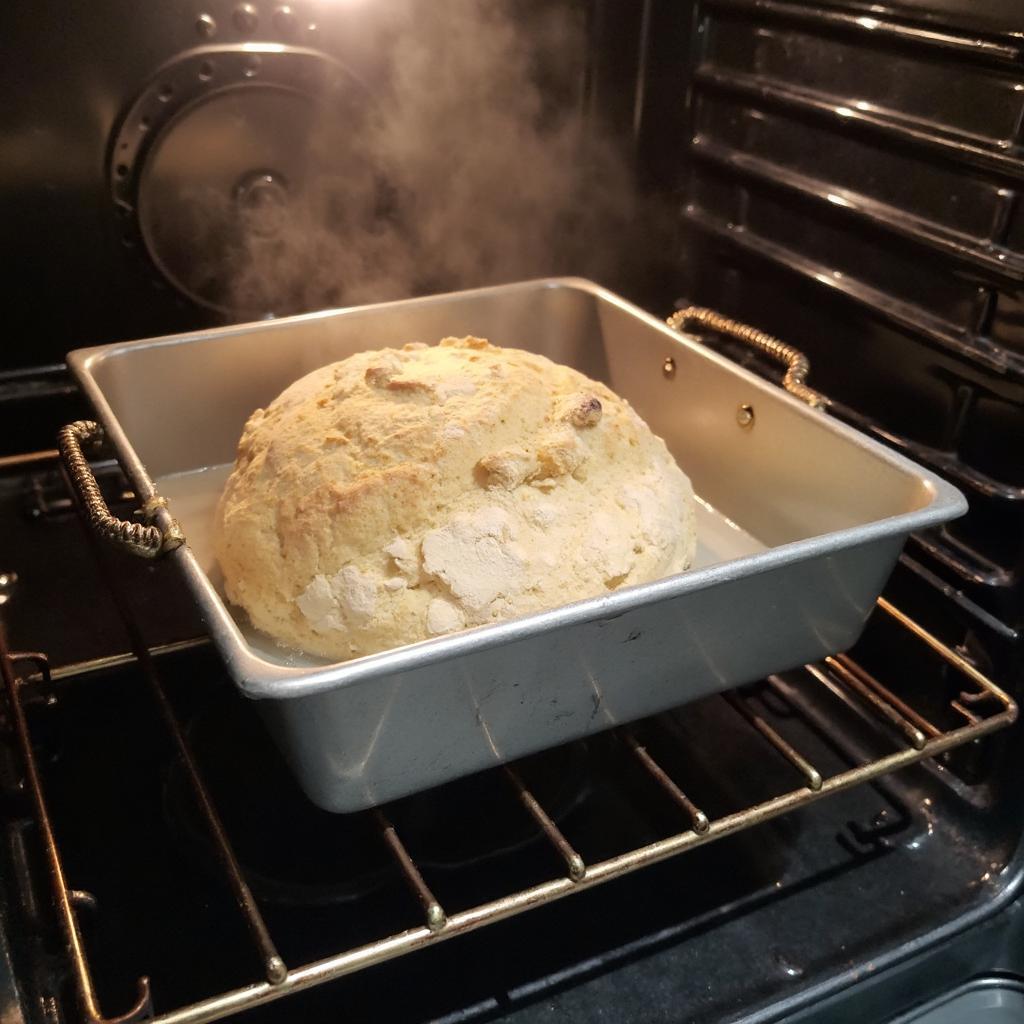 Pan of water in oven for sourdough steam.