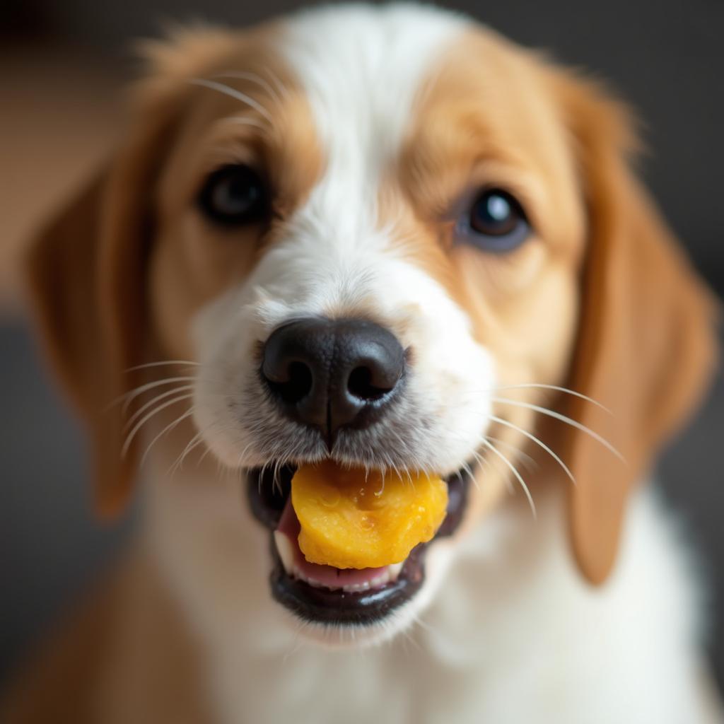 Dog Enjoying a Piece of Cooked Plantain