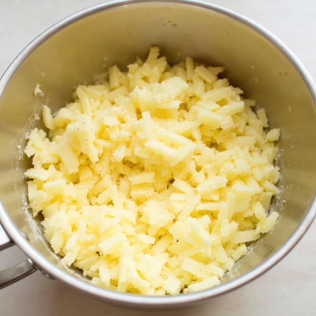 Grated potatoes in a bowl, ready to be made into hash browns.