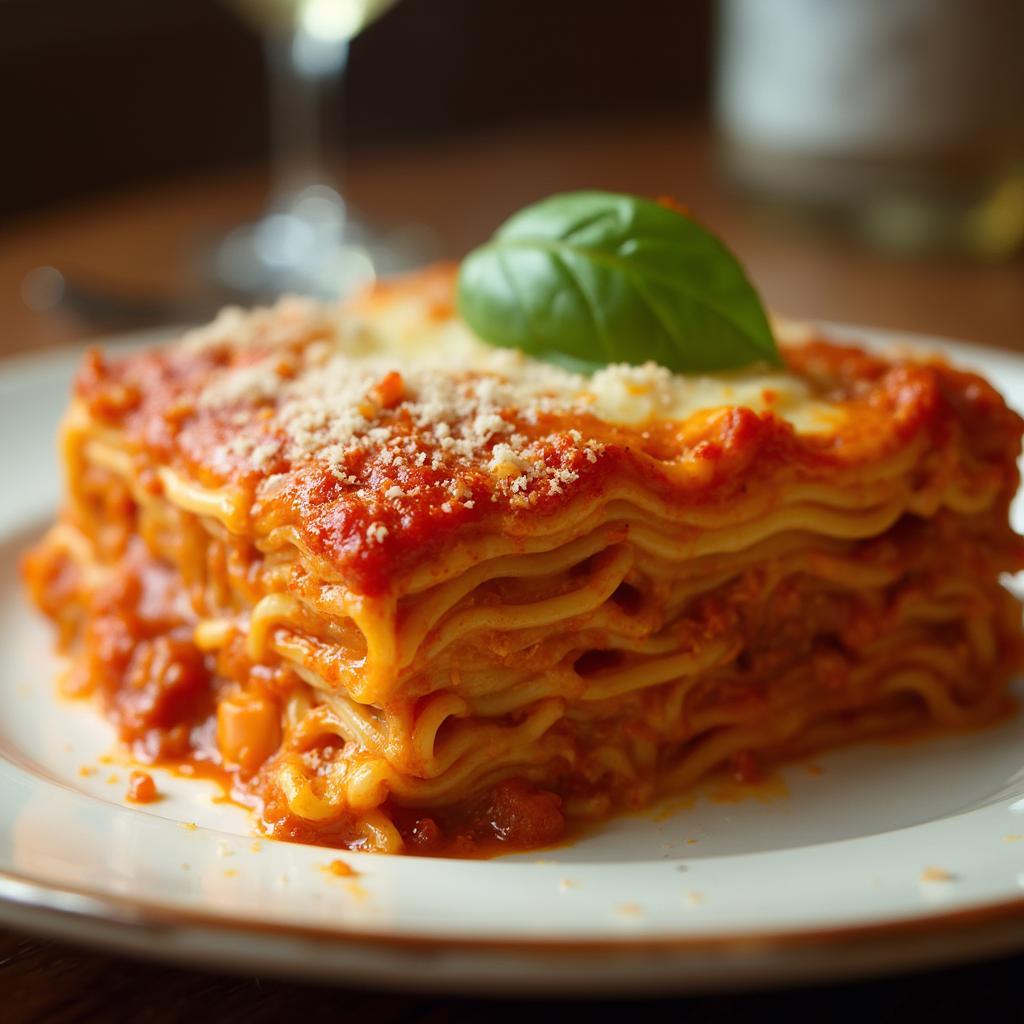 A slice of perfectly cooked lasagna made with oven-ready noodles.