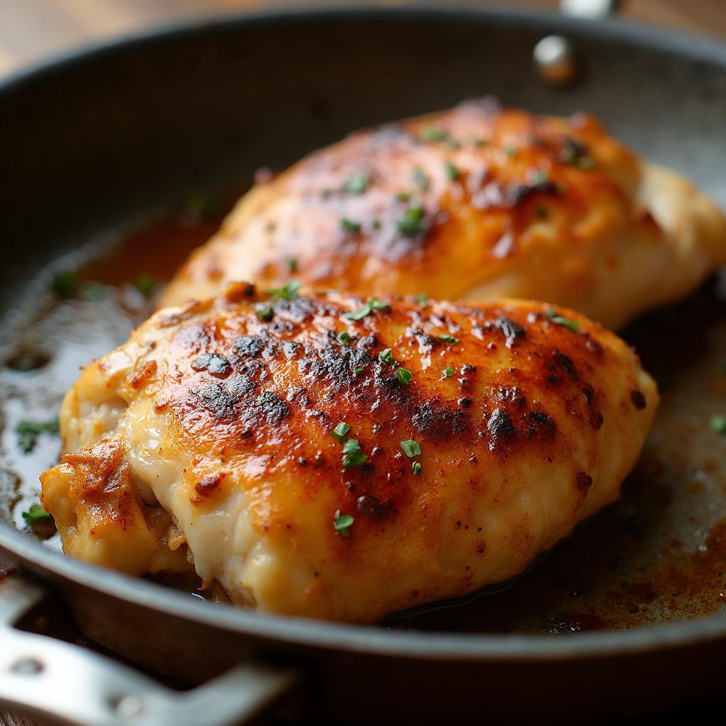 Perfectly seared chicken breast in a carbon steel pan