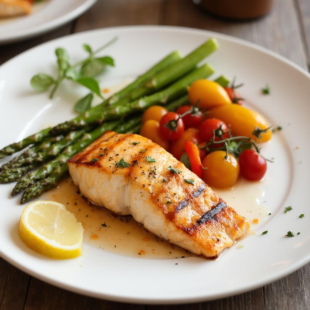 Plated silver salmon with roasted vegetables