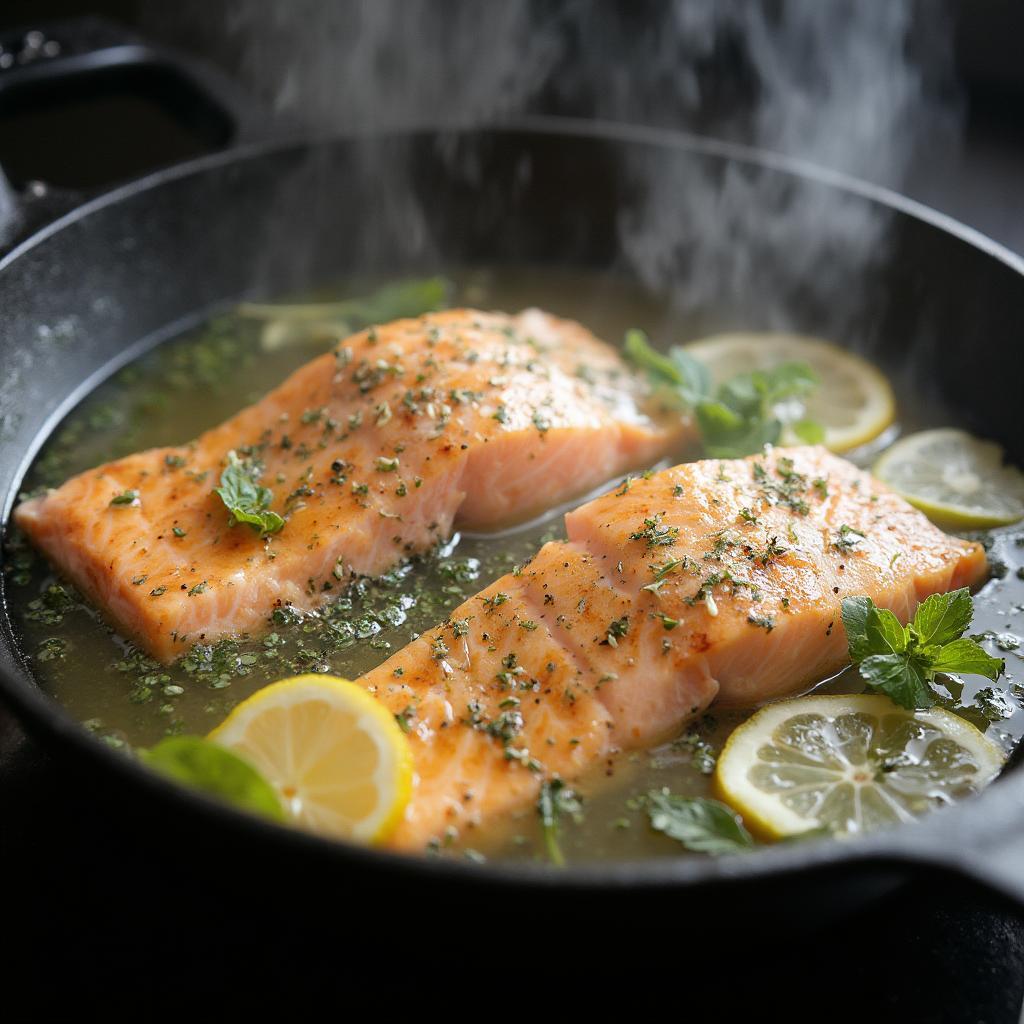 Poached silver salmon in white wine