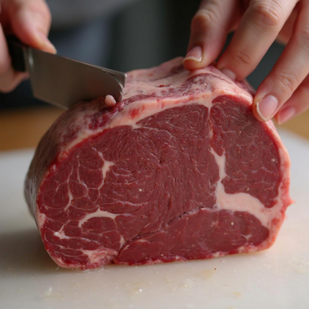 Scoring the fat cap of a top sirloin cap before cooking.