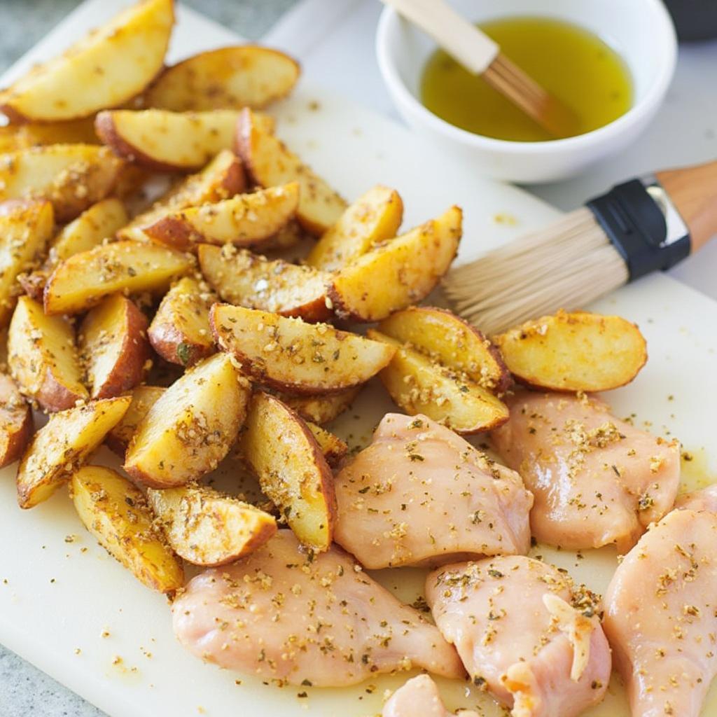 Seasoned Chicken and Potatoes Ready for Air Fryer