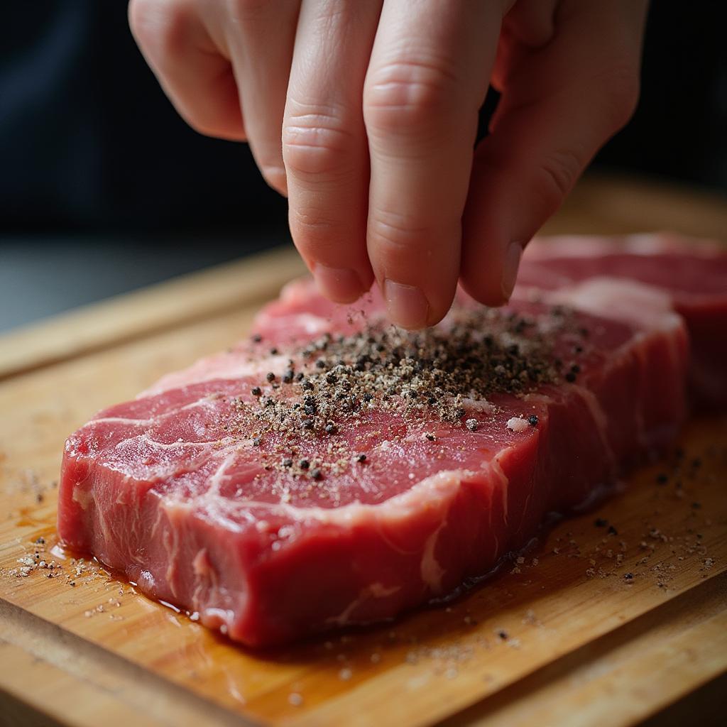 Seasoning a Dry Aged Striploin Steak with Salt and Pepper