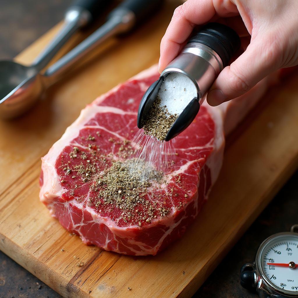 Seasoning a ribeye steak with salt and pepper before grilling