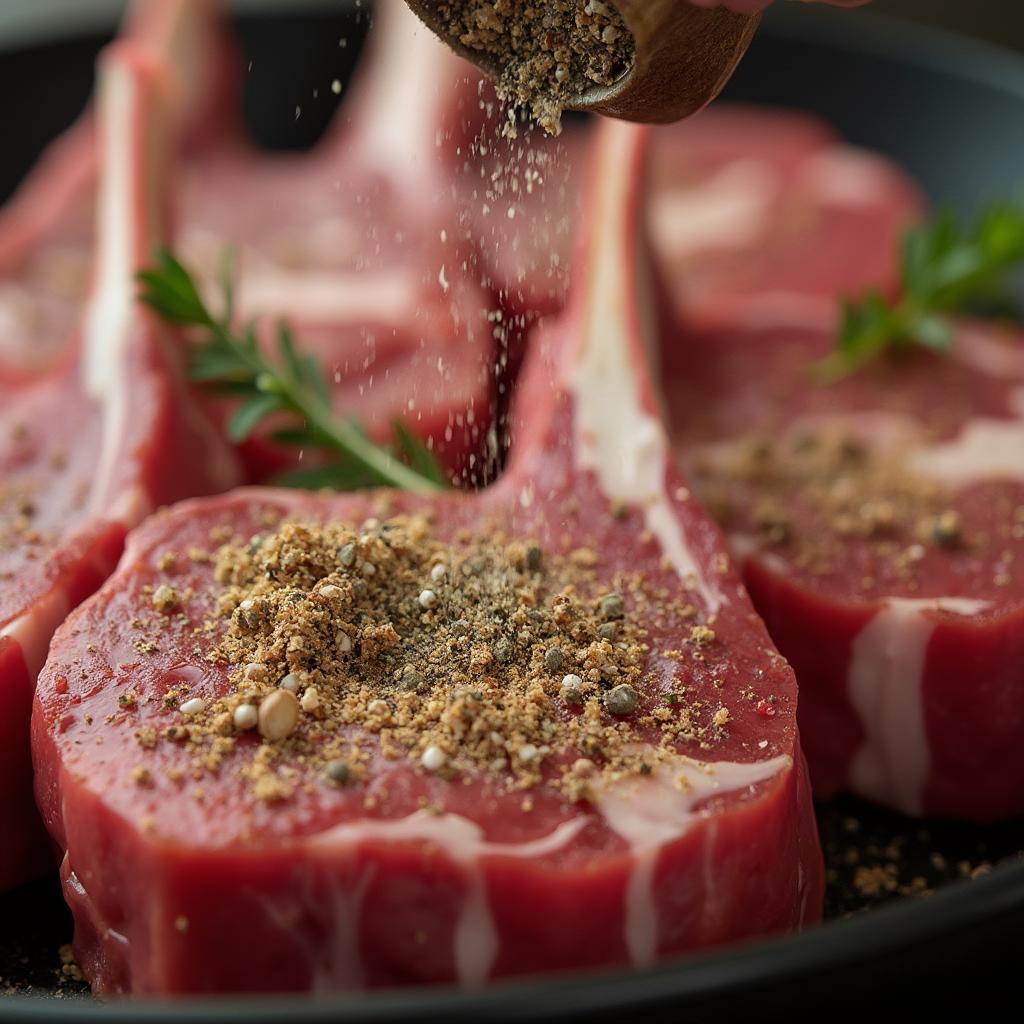 Seasoning sirloin chops with salt and pepper